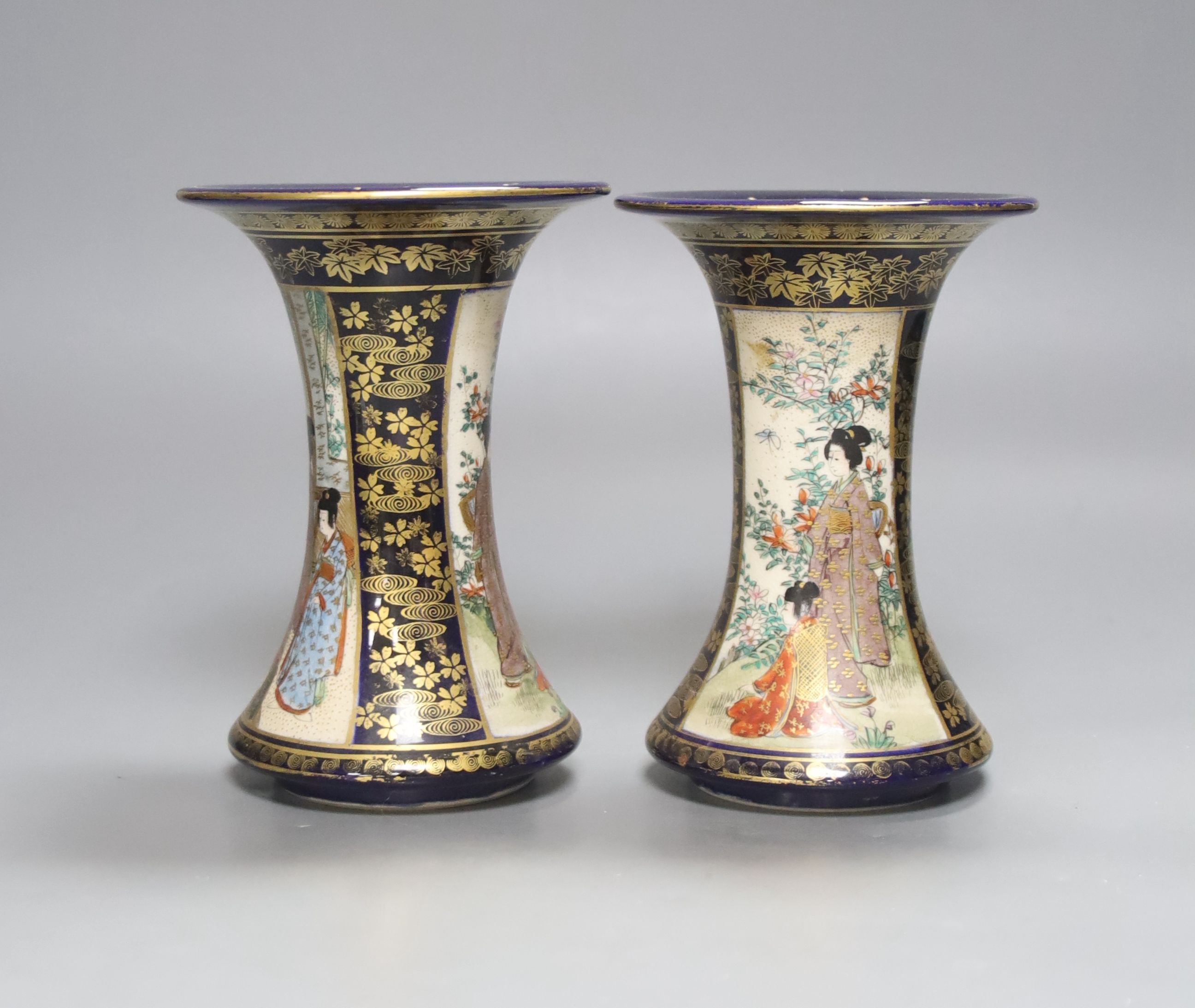 A pair of Japanese Satsuma pottery waisted vases, 15cm